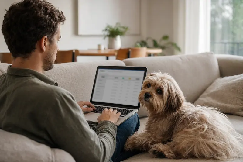 Ein Hund sitzt entspannt neben seinem Besitzer, der am Laptop auf dem Sofa arbeitet und Informationen zu Versicherungsvergleichen recherchiert.