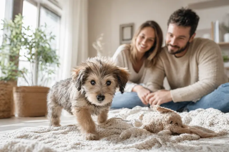 Ein neugieriger Petit Chien Lion Welpe erkundet sein neues Zuhause, umgeben von einer liebevollen Familie.