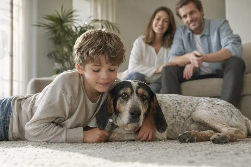 Ein Petit Gascon Saintongeois Hund liegt entspannt neben einem Kind im Wohnzimmer in einer familienfreundlichen Umgebung.