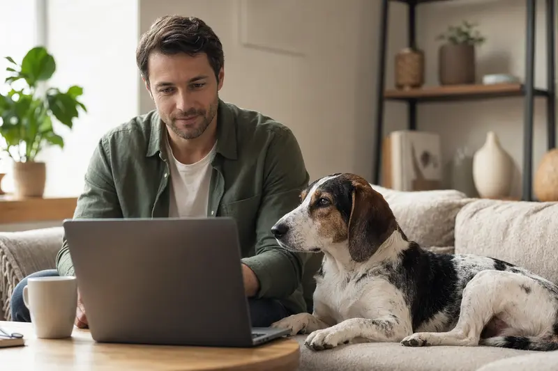 Ein Hundebesitzer sitzt mit seinem Petit Gascon Saintongeois auf dem Sofa und vergleicht Versicherungen am Laptop.