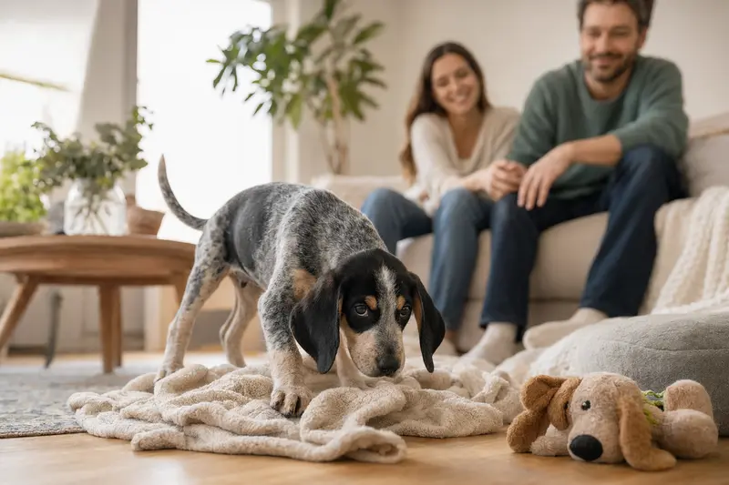 Ein junger Petit Gascon Saintongeois Welpe erkundet neugierig seine neue Umgebung mit weicher Decke und Spielzeug, während eine liebevolle Familie im Hintergrund zu sehen ist.