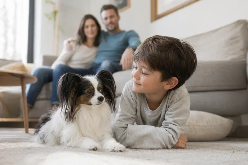 Ein freundlicher Phalene Hund liegt entspannt neben einem Kind im hellen Wohnzimmer, während die Eltern im Hintergrund eine sichere Familienatmosphäre schaffen.