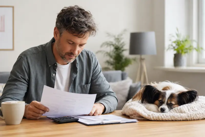 Ein Besitzer sitzt mit einer Tierarztrechnung am Tisch, während ein entspannter Phalene-Hund auf einer Decke liegt und das Thema Tierarztkosten und Hundekrankenversicherung ruhig veranschaulicht.