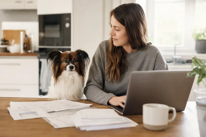Ein Phalene Hund sitzt ruhig neben seinem Besitzer am Küchentisch mit Versicherungsunterlagen und Laptop zur Hundekrankenversicherung.
