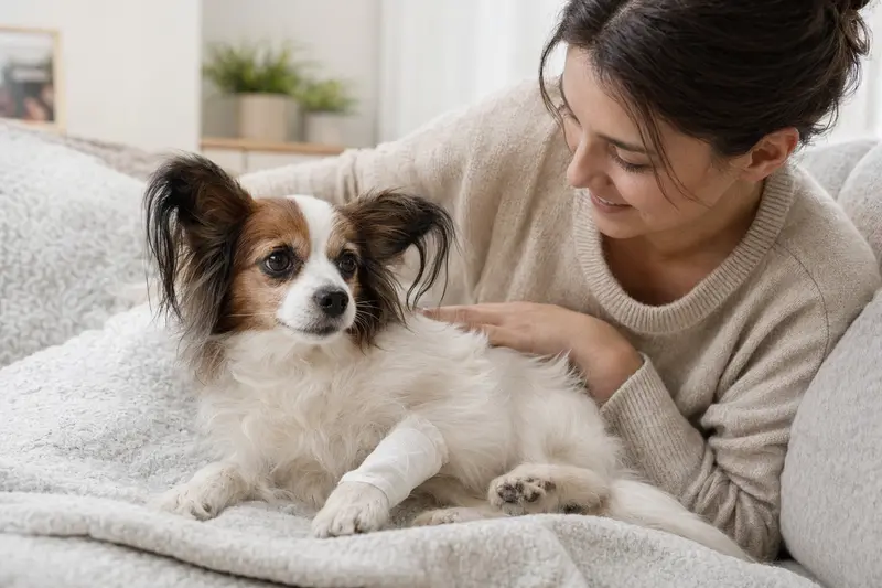 Ein Phalene Hund mit leichtem Verband an der Pfote liegt ruhig auf einer Decke, während sein Besitzer erleichtert neben ihm sitzt.