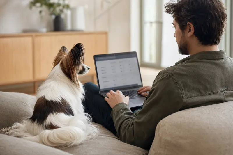 Ein Hundebesitzer arbeitet entspannt am Laptop, während sein Phalene Hund auf dem Sofa sitzt und eine Versicherungsvergleichsseite betrachtet.
