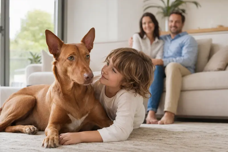 Ein Pharaonenhund liegt entspannt neben einem Kind im hellen Wohnzimmer in einer sicheren Familienatmosphäre.
