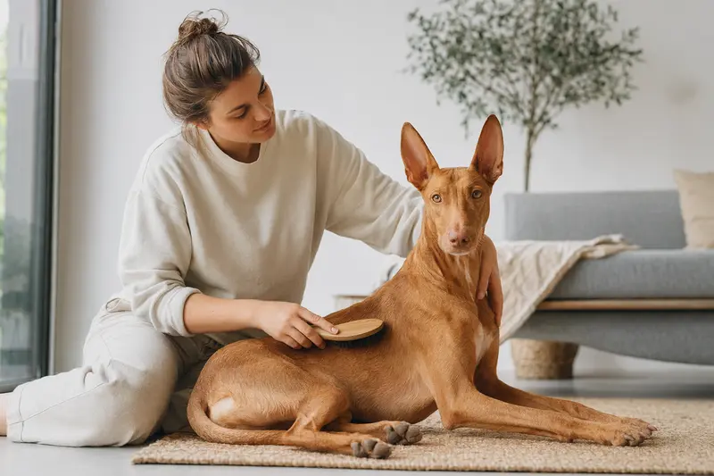 Ein Pharaonenhund wird in einer hellen Wohnung sanft gebürstet, während der Besitzer liebevoll die Fellpflege übernimmt.