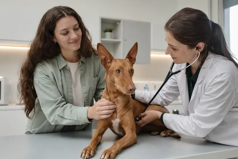 Ein ruhiger Pharaonenhund wird behutsam von einer freundlichen Tierärztin in einer sauberen Tierarztpraxis mit einem Stethoskop untersucht.