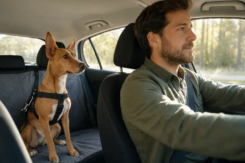 Ein Pharaonenhund sicher angeschnallt auf der Rückbank eines Autos, während sein Besitzer ruhig fährt.