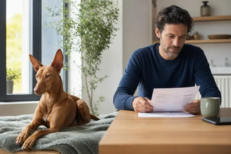 Ein Hundehalter sitzt mit einer Tierarztrechnung am Tisch, während ein entspannter Pharaonenhund auf einer Decke daneben liegt und die Situation rund um Tierarztkosten und Hundversicherung ruhig wirkt.