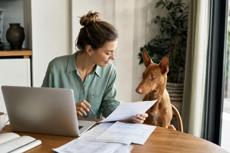 Ein Pharaonenhund sitzt ruhig neben seinem Besitzer am Küchentisch mit Versicherungsunterlagen und einem Laptop.