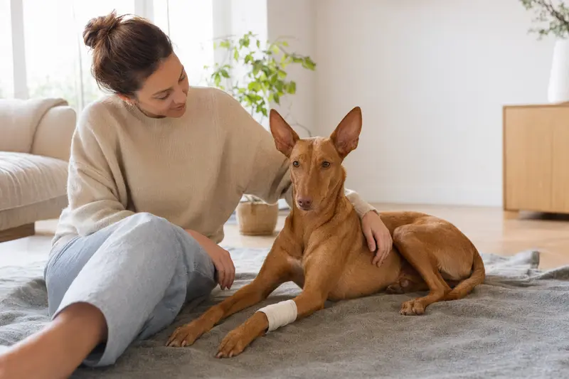 Ein Pharaonenhund mit einem leichten Verband an der Pfote liegt entspannt neben seinem erleichterten Besitzer auf einer Decke.