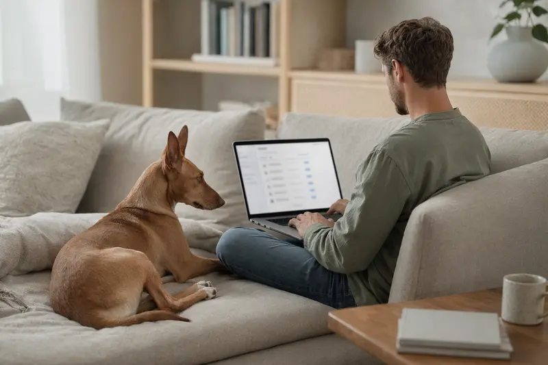 Ein Hundebesitzer sitzt mit seinem Pharaonenhund auf dem Sofa und vergleicht Versicherungen am Laptop.