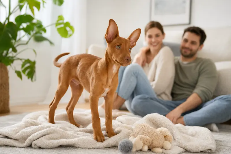 Ein neugieriger Pharaonenhund Welpe entdeckt sein neues Zuhause auf einer weichen Decke, während eine liebevolle Familie im Hintergrund zu sehen ist.