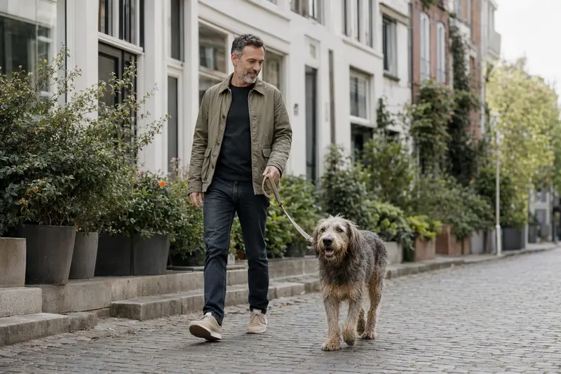 Ein Picard Hund geht an der Leine mit seinem Besitzer durch eine saubere moderne Stadtstraße.