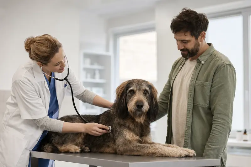 Eine Tierärztin untersucht einen ruhigen Picard Hund mit dem Stethoskop in einer hellen Tierarztpraxis, während der Besitzer beruhigend danebensteht.