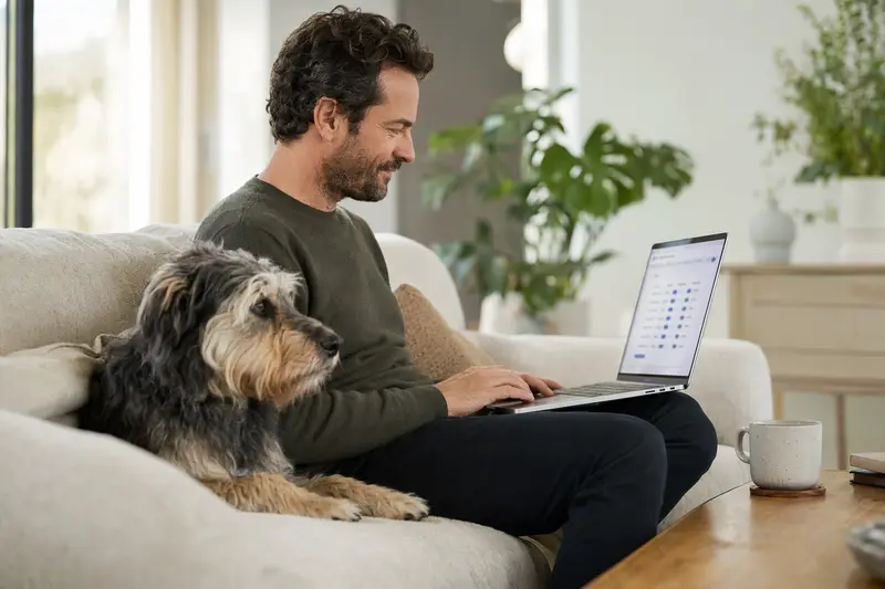 Ein Hundebesitzer arbeitet am Laptop auf dem Sofa, während sein Picard Hund daneben sitzt und eine neutrale Versicherungsvergleichsseite im Hintergrund angezeigt wird.