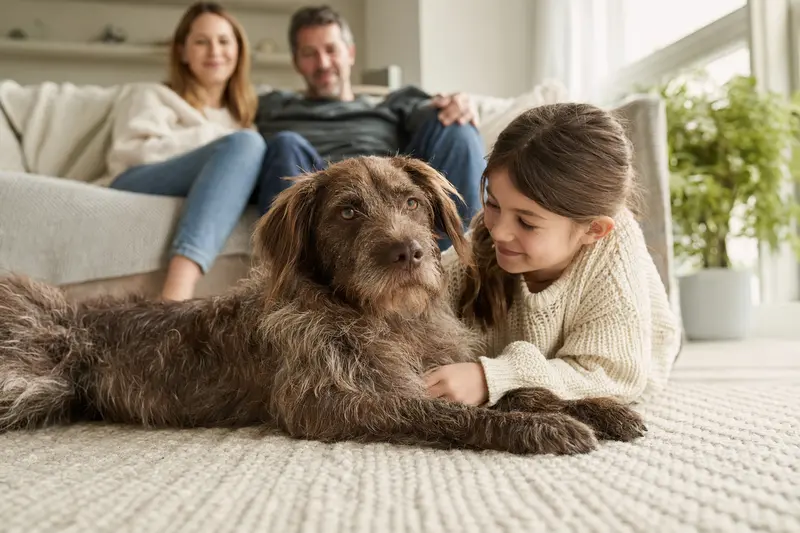 Ein freundlicher Picardie-Spaniel liegt entspannt neben einem Kind im Wohnzimmer, während die Eltern im Hintergrund eine sichere Familienatmosphäre schaffen.