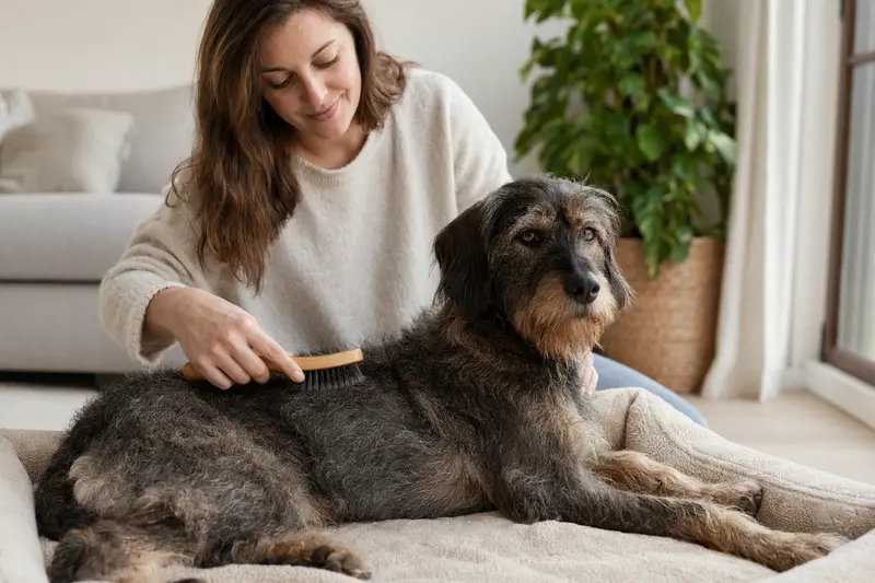 Ein Picardie-Spaniel wird in einer hellen Wohnung sanft gebürstet, während sein Besitzer die Fellpflege liebevoll übernimmt.