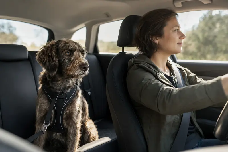 Ein Picardie-Spaniel sitzt angeschnallt auf der Rückbank eines Autos, während der Besitzer ruhig fährt.