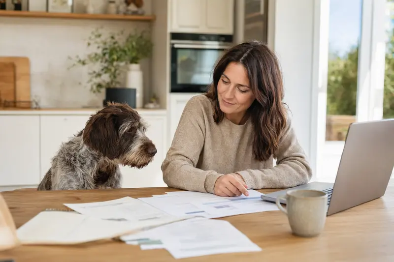 Ein Picardie-Spaniel sitzt ruhig neben seinem Besitzer am Küchentisch, während Versicherungsunterlagen und ein Laptop mit Vergleichsseite vor ihm liegen.