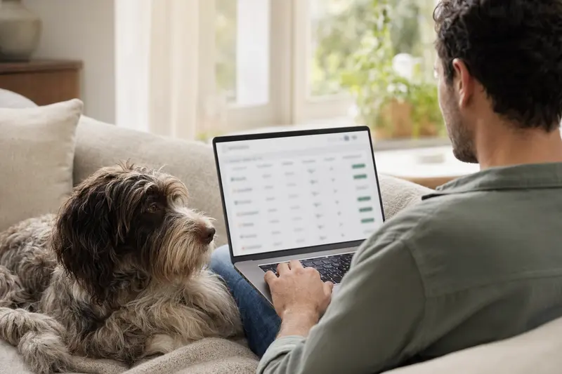 Ein Hundebesitzer sitzt entspannt mit einem Picardie-Spaniel auf dem Sofa und vergleicht Versicherungen am Laptop in seiner hellen Wohnung.
