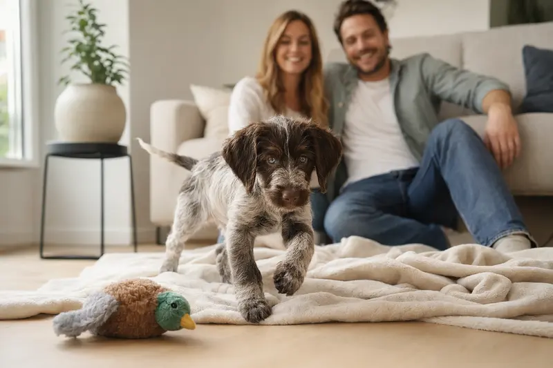 Ein neugieriger Picardie-Spaniel Welpe entdeckt sein neues Zuhause mit einer weichen Decke und Spielzeug, während seine liebevolle Familie im Hintergrund zu sehen ist.