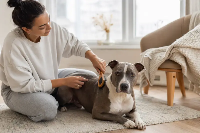 Ein Pit Bull wird zuhause liebevoll gebürstet, was die Bedeutung von Fellpflege, Gesundheit und verantwortungsvoller Hundehaltung zeigt.