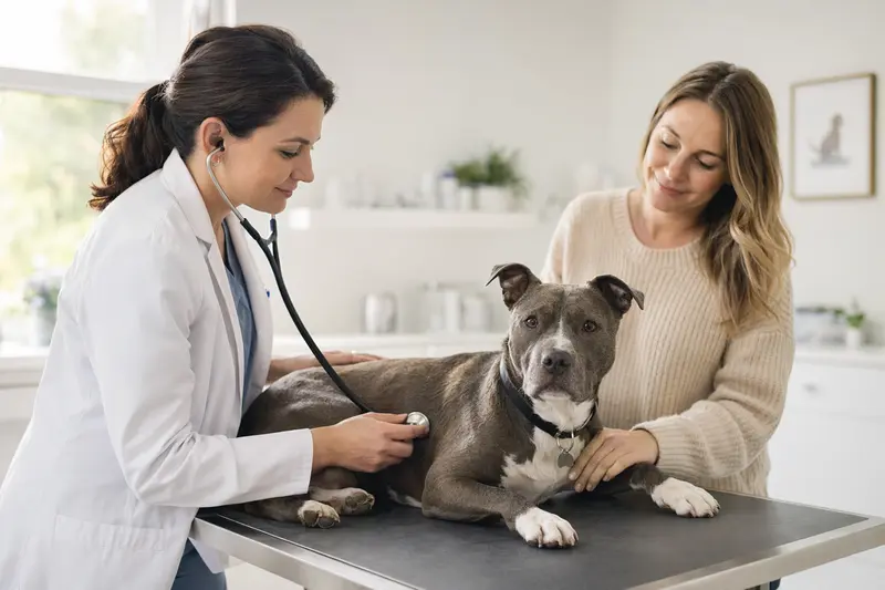 Ein ruhiger Pit Bull Hund wird sanft von einer Tierärztin mit Stethoskop untersucht, während der Besitzer beruhigend daneben steht.