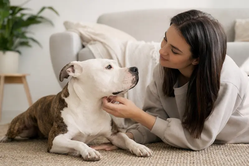 Ein aufmerksamer Pit Bull Terrier steht in natürlicher Haltung vor hellem, neutralem Hintergrund.