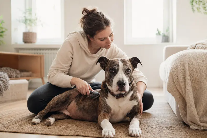 Ein Pit Bull Terrier wird zuhause sanft gebürstet, während sein Besitzer liebevoll die Fellpflege übernimmt.
