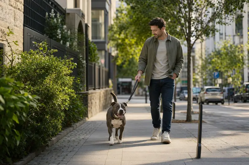 Ein Pit Bull Terrier läuft an der Leine mit seinem Besitzer durch eine helle moderne Stadtstraße.