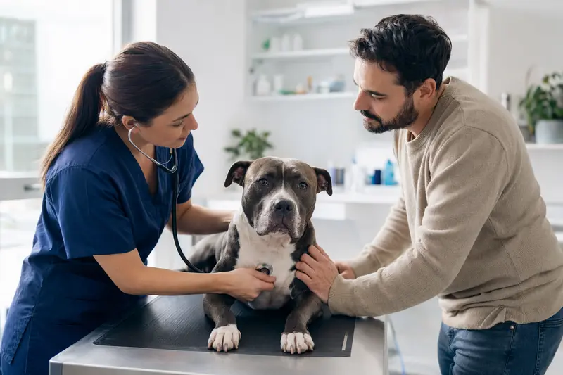 Ein ruhiger Pit Bull Terrier wird von einer freundlichen Tierärztin in einer modernen Praxis mit einem Stethoskop untersucht.