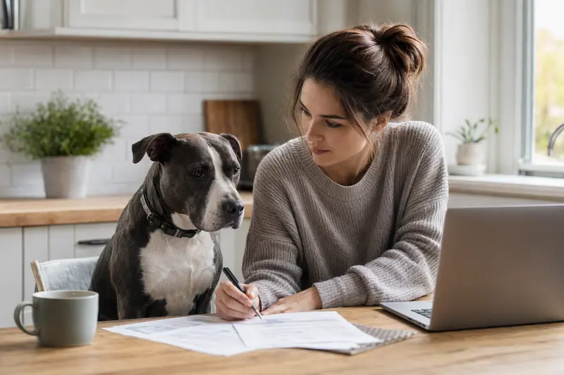 Ein Pit Bull Terrier sitzt ruhig neben seinem Besitzer am Küchentisch mit Versicherungsunterlagen und einem Laptop zur Tierkrankenversicherung.