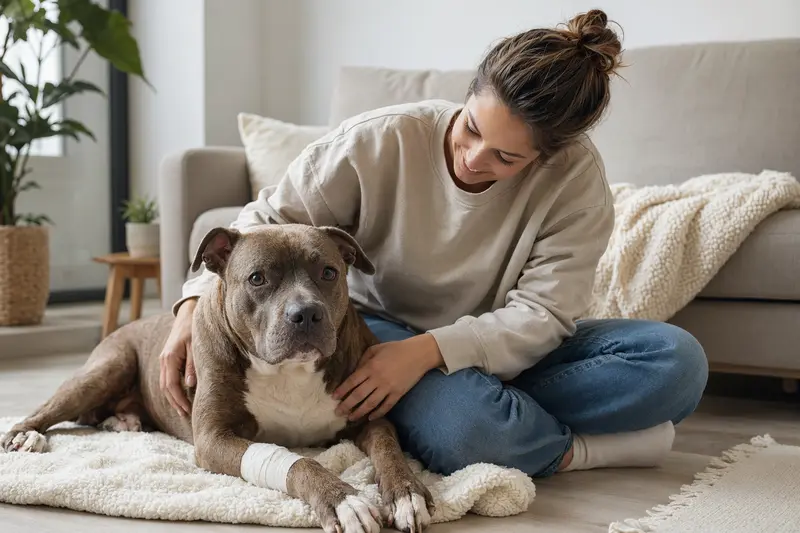 Ein Pit Bull Terrier mit leicht verbundenen Pfote liegt ruhig auf einer Decke, während sein Besitzer erleichtert neben ihm sitzt.