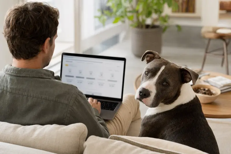 Ein Pit Bull Terrier Hund sitzt neben seinem Besitzer, der auf einem Laptop auf dem Sofa eine Versicherungsvergleichsseite öffnet.