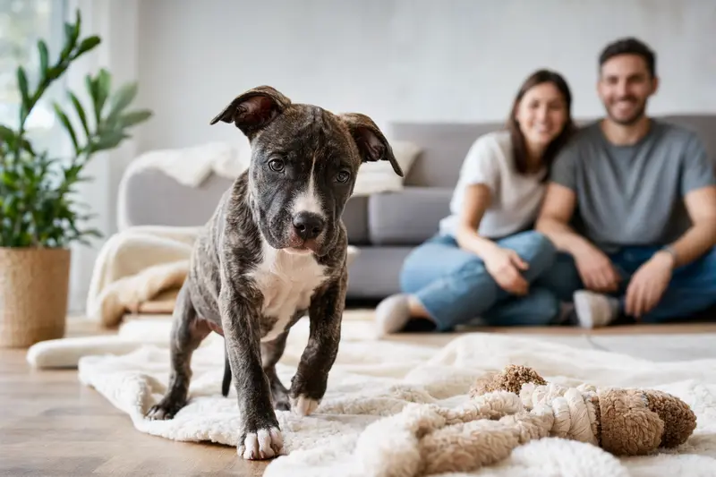 Ein neugieriger Pit Bull Terrier Welpe erkundet sein neues Zuhause mit einer liebevollen Familie im Hintergrund.