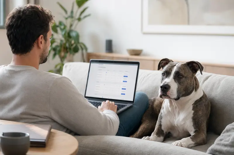 Ein Besitzer sitzt entspannt auf dem Sofa mit seinem Pit Bull Hund und einem Laptop, während eine unklare Versicherungsvergleichsseite angezeigt wird.