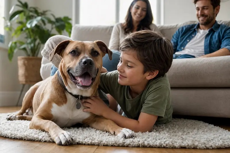 Ein freundlicher Pitbull liegt entspannt neben einem Kind im hellen Wohnzimmer, während die Eltern im Hintergrund eine sichere Familienatmosphäre schaffen.