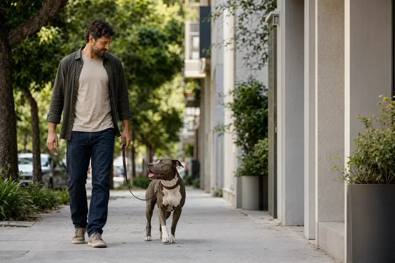 Ein Pitbull läuft an der Leine mit seinem Besitzer durch eine freundliche moderne Stadtstraße.