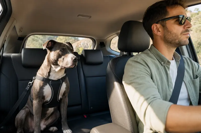 Ein Pitbull sitzt sicher angeschnallt auf der Rückbank eines Autos, während der Besitzer ruhig fährt.