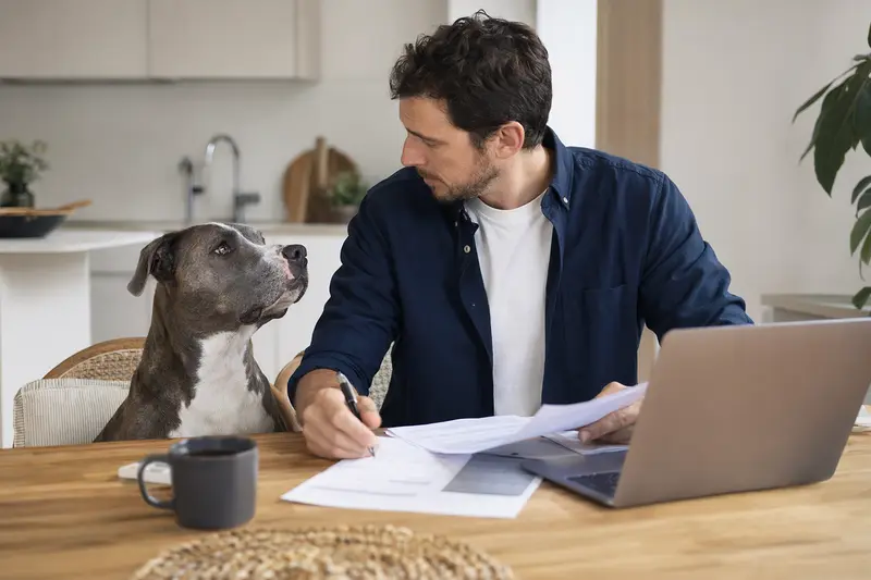 Ein Pitbull sitzt ruhig neben seinem Besitzer am Küchentisch, während Versicherungsunterlagen und ein Laptop mit einer Vergleichsseite auf eine Hundeversicherung hinweisen.