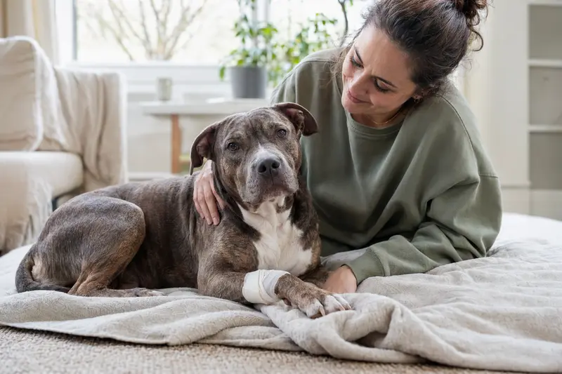 Ein Pitbull mit leicht verbundenem Vorderpfötchen liegt ruhig auf einer Decke, während sein Besitzer daneben sitzt und erleichtert wirkt.