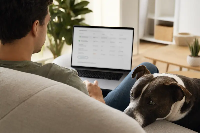 Besitzer mit Laptop auf dem Sofa, Pitbull Hund neben ihm, Bildschirm zeigt neutrale Versicherungsvergleichsoberfläche in einer hellen Wohnung.