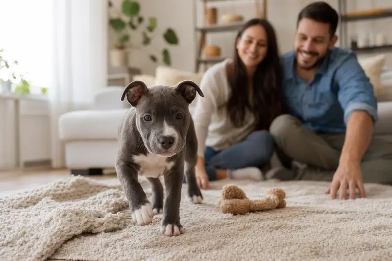 Ein neugieriger Pitbull Welpe erkundet sein neues Zuhause mit Spielzeug und einer weichen Decke im Hintergrund.