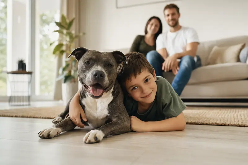 Ein freundlicher Pitbullterrier liegt entspannt neben einem Kind im Wohnzimmer, während die Eltern im Hintergrund eine sichere Familienatmosphäre schaffen.