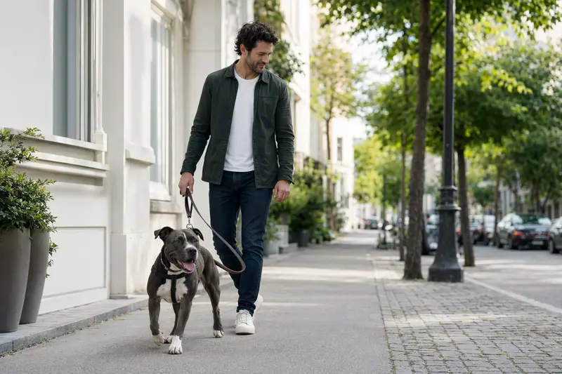 Ein Pitbullterrier läuft mit seinem Besitzer an der Leine durch eine freundliche moderne Stadtstraße.