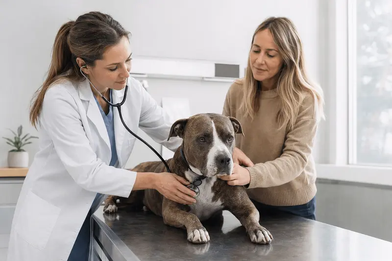 Eine Tierärztin untersucht einen ruhigen Pitbullterrier mit dem Stethoskop, während der Besitzer in der modernen Tierarztpraxis beruhigend danebensteht.
