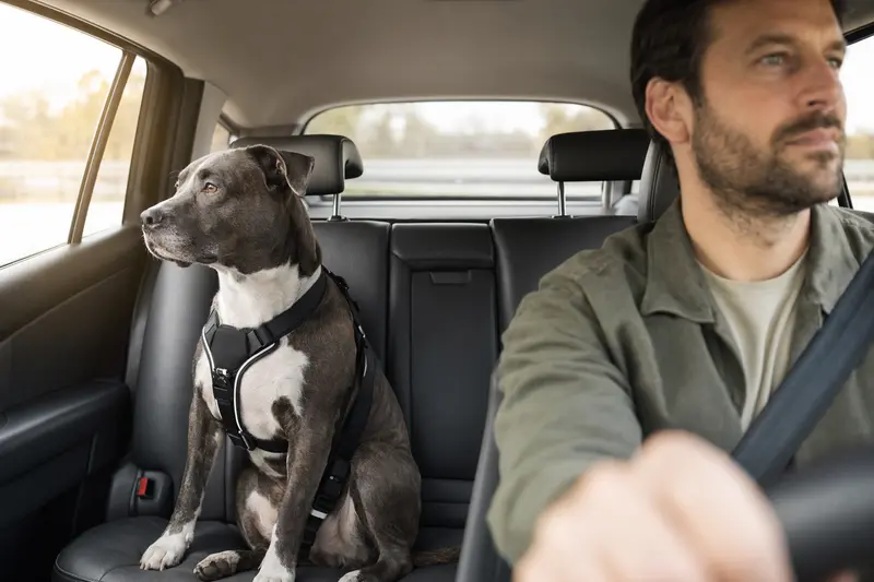 Ein sicher angeschnallter Pitbullterrier sitzt auf der Rückbank eines Autos, während sein Besitzer ruhig fährt und Sonnenlicht durch das Fenster fällt.